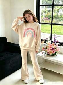 Tween Girl Autumn/Winter New Arrival, Rainbow Floral Print Long Sleeve Crew Neck Comfortable Sweatshirt & Flared Pants 2-Piece Set, Suitable For Autumn/Winter, Outings, Parties, Travel, Back To School - Apricot - View 1