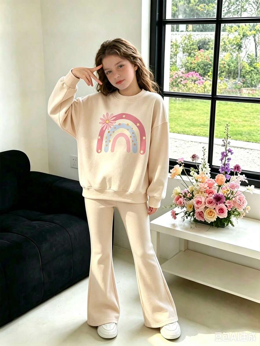 Tween Girl Autumn/Winter New Arrival, Rainbow Floral Print Long Sleeve Crew Neck Comfortable Sweatshirt & Flared Pants 2-Piece Set, Suitable For Autumn/Winter, Outings, Parties, Travel, Back To School - Apricot - View 1