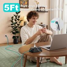 5ft Braided Extension Cord Power Strip Surge Protector, 10-In-1 Multi-Outlet Expander With 6 AC Outlets, 2 USB-C And 2 USB-A Fast Charging Ports, Ultra-Thin Flat Right Angle Plug, Wall Mountable, Suitable For Home, Office, College Dorm, Travel - Black - View 5