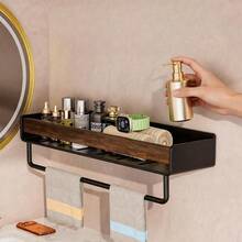 1pc Walnut Wood Detachable Wall-Mounted Storage Shelf, Drill-Free And Drill-Compatible Hollow Drainage Tray, Bathroom Entryway Skincare Wall Organizer - Multicolor - View 4