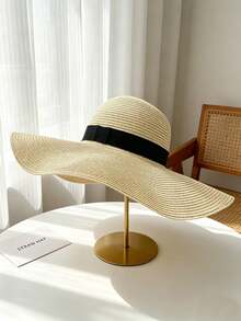 1pc Women's Wide Brim Straw Hat - UV Protection Summer Sun Hat With Black Ribbon - Foldable Beach Hat Suitable For Vacation Travel - Multicolor - View 6