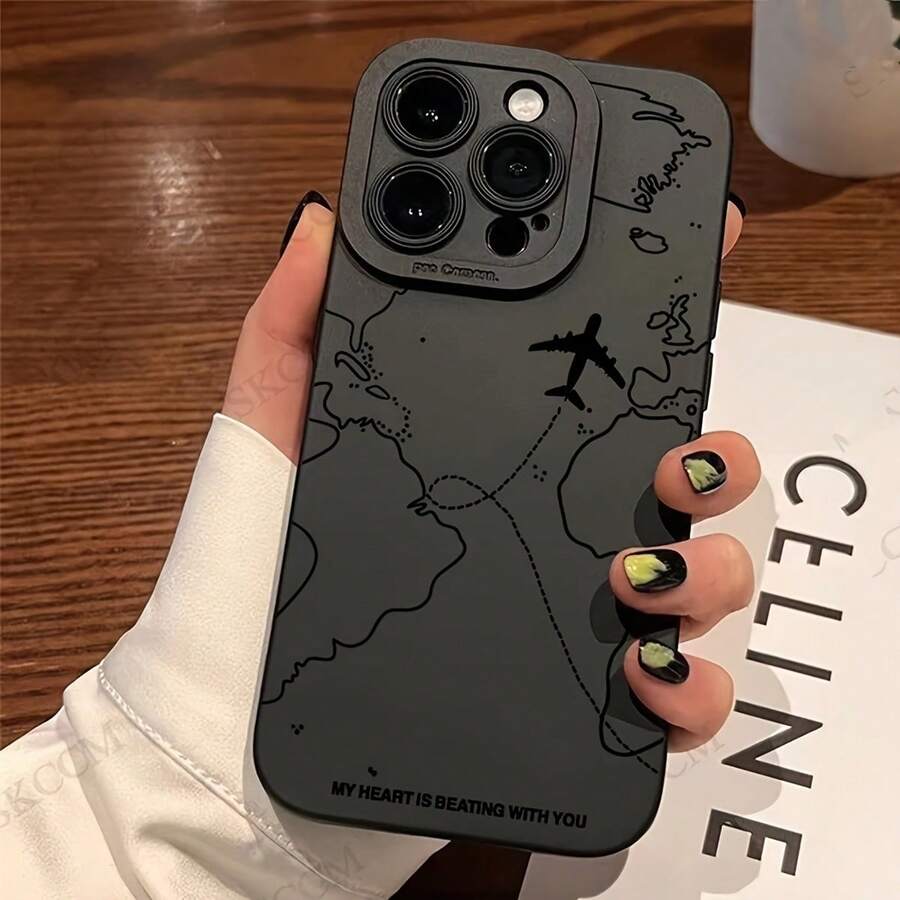 Airplane Map Pattern Fine Pupil Anti-Fall Mobile Phone Case Suitable For Apple Mobile Phone - 黑色 - 查看 1