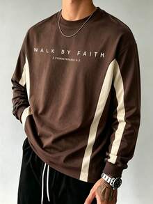 男士拼色側條紋 Walk By Faith 圓領長袖T恤，復古休閒寬鬆版上衣 - 棕色 - 查看 3