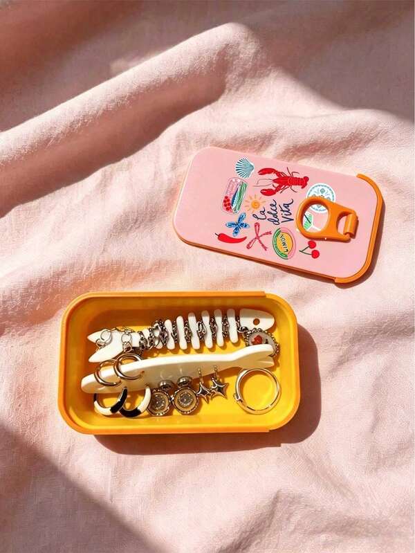 Vintage Sardine Mini Jewelry Storage Box (Printed With Cute Lobster, Cherry, Butterfly And Fruit Patterns), With Fish Bone Divider, Snap Closure, Portable Jewelry Box With Compartments For Earrings, Rings, Necklaces, Suitable For Commuting, Outings, Short Trips, Dorm, Desk, Vanity Organization, Ideal For Delicate Girls, Students, Jewelry Lovers, Qixi, Birthday, Best Friend Gifts, Portable Earring Box, Mini Jewelry Organizer, Portable Ring Storage Box, Cartoon Fish Bone Jewelry Box, Travel Small Jewelry Storage Box