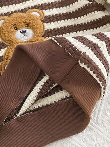 Unisex Baby 2 Pieces Outfit Set, Autumn/Winter Waffle Knit Striped Matching Set, Cartoon Teddy Bear Embroidered Long Sleeve Top & Elastic Waist Long Pants, Comfortable - Brown - View 10