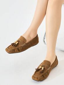 Women's Plus Size Vintage Suede Brown Square Toe Tassel Loafers, Slip-On Soft Sole Casual Daily Commute Comfortable Versatile Walking Shoes, Slouchy Shoes, Autumn/Winter New - Brown - View 6