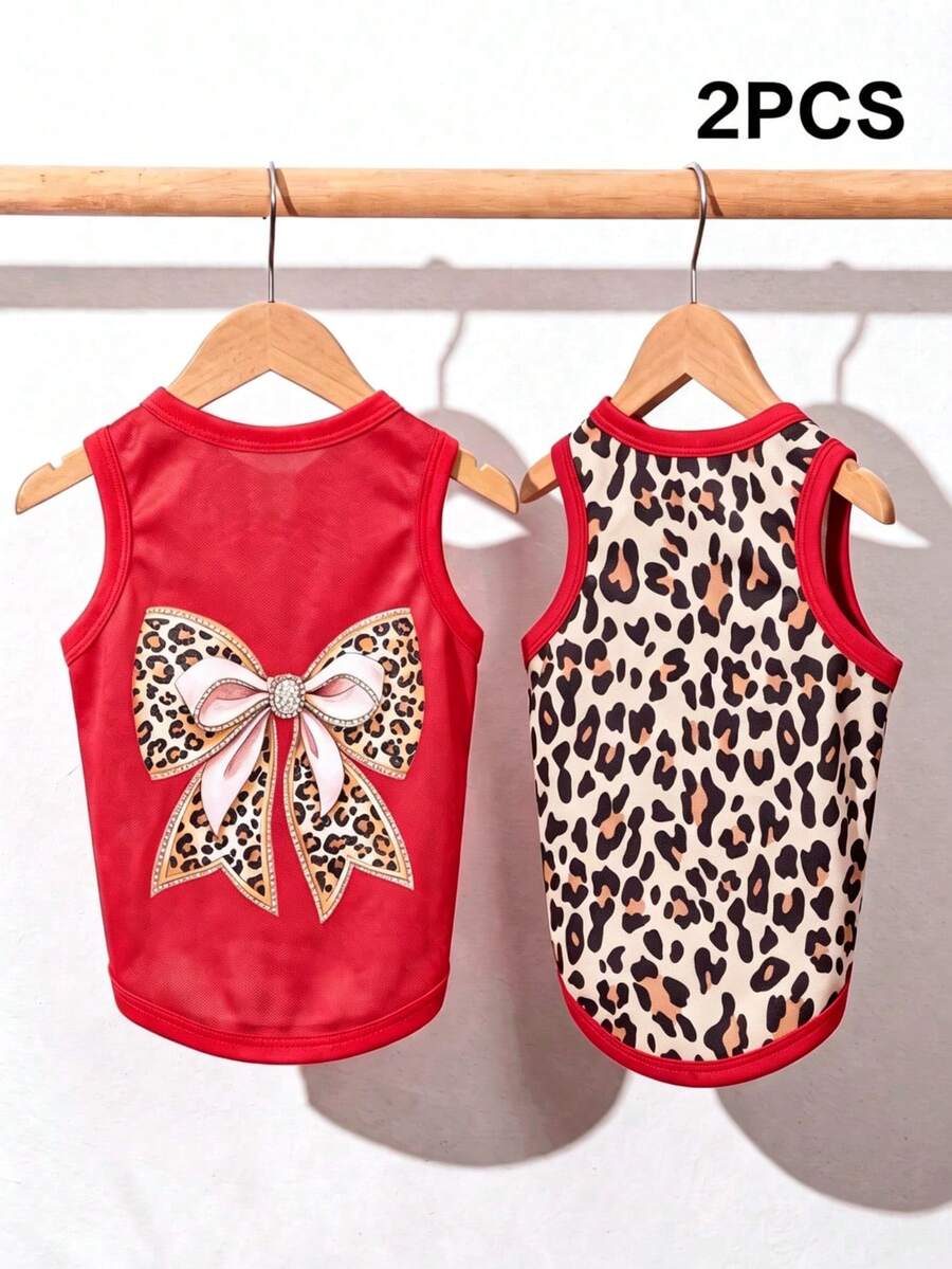 LUCKIE LABO 2pcs/Set Leopard Print Elegant Bowknot Fun Pattern Pet Vest, Physical Flea Prevention, Reduces Shedding, Insulated & Breathable, Suitable For Small And Large Dogs & Cats, Indoor & Outdoor - Multicolor - View 1
