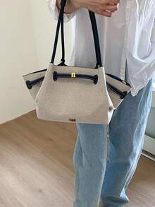 Bolso de axila con patchwork de bloques de color, bolso de hombro con fondo estructurado, no colapsable, forma 3D, gran capacidad, almacenamiento conveniente para artículos esenciales diarios, adecuado para uso diario, trabajo, transporte, viajes y salidas - Azul - Ver 6