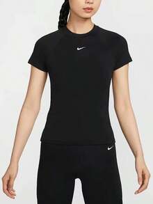 Nike Dri-Fit Quick-Dry Solid Color Logo Breathable Mesh Training Short Sleeve T-Shirt Women's Black/White - Black - View 1