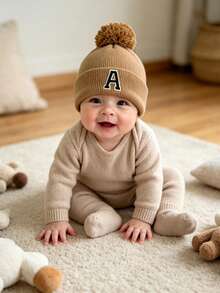 1 Stück gestrickte Mütze mit Pompon, geeignet für Baby Jungen und Mädchen, minimalistischer Stil Winter Strickmütze, geeignet für Outdoor-Aktivitäten und tägliche Pendelstrecken - Khaki - Übersicht 2