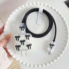 小黑色蝴蝶結與白色珍珠設計手機充電器套裝 20W/18W，充電線保護套，充電頭保護殼，相容 iPhone 13/16/15/14，絕佳禮物選擇 - 黑色 - 查看 6