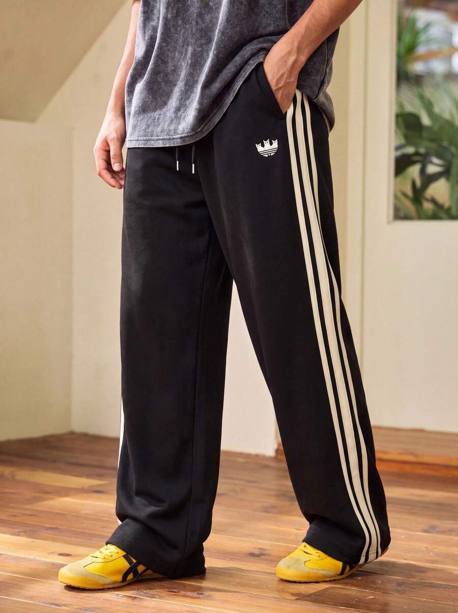Whitmere Men's Casual Sports Sweatpants, Classic 3-Stripe Wide Leg Joggers With Drawstring Pockets, Loose Straight Leg Track Pants - Black - View 1