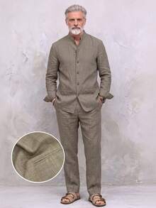 GOLDREDY Spring/Autumn Vintage Chinese Style Men's Stand Collar Single-Breasted Long Sleeve Shirt And Loose Straight Leg Pants Casual Commute Set - Khaki - View 2