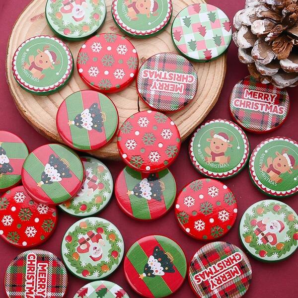 Christmas Printed Acrylic Flat Round Beads 30mm 5/10Pcs Mixed Xmas Santa Elk Snowflake Pattern Bead For DIY Earring Keychain Wreath Craft Supplies