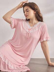 Elegant Plus Size Long Nightgown With Ruffle Hem, Floral Lace Patchwork, Bow V-Neck Design, Comfortable Casual Loose Breathable Sleepwear, Suitable For All Seasons - Pink - View 2