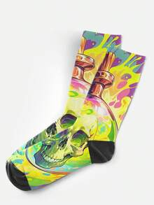Cool 360° Printed Men's Socks - Streetwear Socks,Colorful Flower Skull,Undead Art Style,Colorful,Funny Socks, Fit Daily, Holiday & Party Occasions - Green - View 7