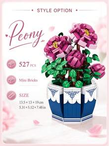 1 Set 527PCS Peony Flower Mini Building Blocks, Pink Potted Plant Botanical Building Block Set, DIY Creative Build, Desk Display Decor, Home Office Shelf Ornament, Gift Idea - Clear - View 5