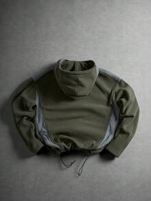 1pc Men's Colorblock Fleece Zip-Up Hoodie, Full Zip Drawstring Hem Hooded Jacket, Spring/Autumn Outdoor Casual Long Sleeve Coat - Army Green - View 2