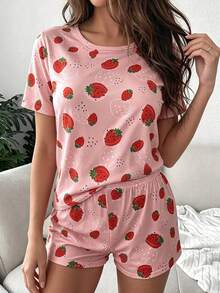 2pcs Strawberry Print T-Shirt Pajama Set, Cute Fruit Print Loungewear For Summer, Suitable For Home Wear - Watermelon Pink - View 10