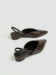 Women's Chocolate Brown Pleated Faux Leather Slingback Pumps, V-Cut Pointed Toe Open Back High Heels, Elegant Commute Formal Shoes - Brown - View 4