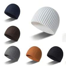 1pc Wide Ribbed Solid Color Plain Straight Edge Unisex Knit Beanie Hat, Breathable Comfortable Skull Cap, Suitable For All Seasons - Multicolor - View 5