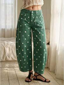Pants For Women,Women High Waist Polka Dot Barrel Pants, Seam Detail Loose Cropped Casual Denim Trousers - Reddish-brown - View 9