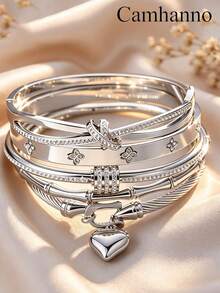Camhanno 5pcs/2pcs Commuter Versatile Bracelet Set, Stainless Steel Multi-Style Combination, Exquisite Texture, Hypoallergenic, Hand Jewelry - Silver - View 4