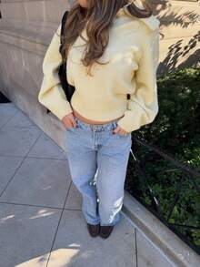 Vivid Style Butter Yellow Knit Sweater Women Lapel Collar Half Button Henley Pullover Loose Long Sleeve Soft Knitted Jumper Top Ribbed Hem - Yellow - View 3
