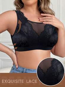 1pc Casual Comfortable Minimalist Plus Size Women's Bra Lace Patchwork, Wire-Free Soft Comfortable Lingerie - Black - View 4