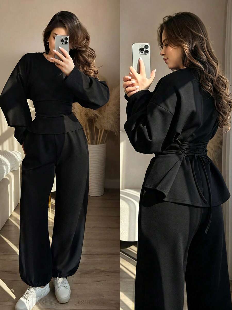 Fall Winter Solid Belted Lapel Long Sleeve Blouse High Waist Wide Leg Pants Loose Elegant Set, Daily Commute Two Pieces - Black - View 1