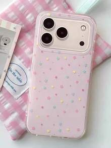 1pc Cute Macaron Pink Background Colorful Mini Star Transparent TPU Phone Case, Compatible With IPhone 18 Pro Max, 17, 16 Pro, 15 Pro, 14 Pro, 13, 12, 11, Raised Camera Lens Protection, Shockproof Soft Shell Protective Cover - Colorful Stars - View 2