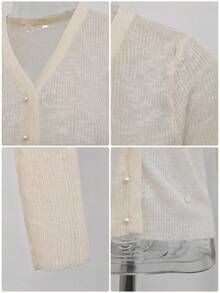 Cardigan Rajut Lengan Panjang Kancing Depan Leher V Gaya Korea, Atasan Crop Slim Fit yang Mengencangkan Pinggang untuk Wanita, Musim Semi/Gugur - Aprikot - View 8