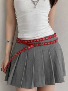 Extra Long Eyelet Punk Thin Waist Belt, Personalized Solid Color Versatile Thin Waist Cincher - Red - View 1
