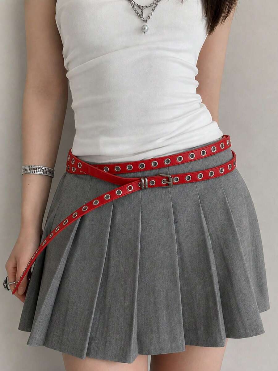 Extra Long Eyelet Punk Thin Waist Belt, Personalized Solid Color Versatile Thin Waist Cincher - Red - View 1