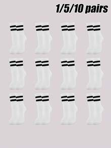 1/5/10 Pairs Men's Classic Double Stripe Black & White Mid-Calf Socks, Retro Collegiate Style, Elastic & Breathable, Versatile Skateboard Socks - White - View 6