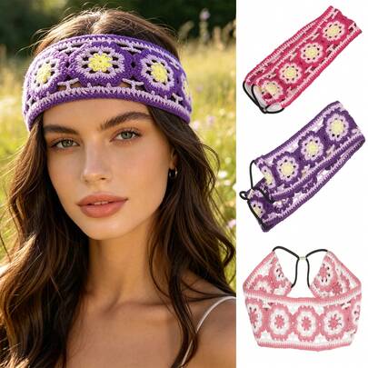 1pc Boho Hand Crochet Flower Headbands, Hollow Out Knitted Hair Band With Elastic Rope, Women Retro Floral Hair Wrap For Beach Travel Holiday