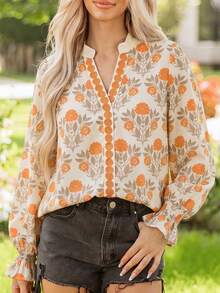 Acelitt Blus Kasual Gaya Bohemian Musim Semi/Panas, Kerah V, Motif Bunga Oranye, Lengan Panjang Ringan, Tenun, dengan Detail Kerut, Cocok untuk Pakaian Luar Sehari-hari - Jeruk - View 3