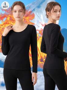 Women's Fleece Lined Thermal Underwear Set, Boat Neck Long Sleeve Top & High Waist Pants 2-Piece Set, Warm Base Layer For Cold Weather - Black - View 1