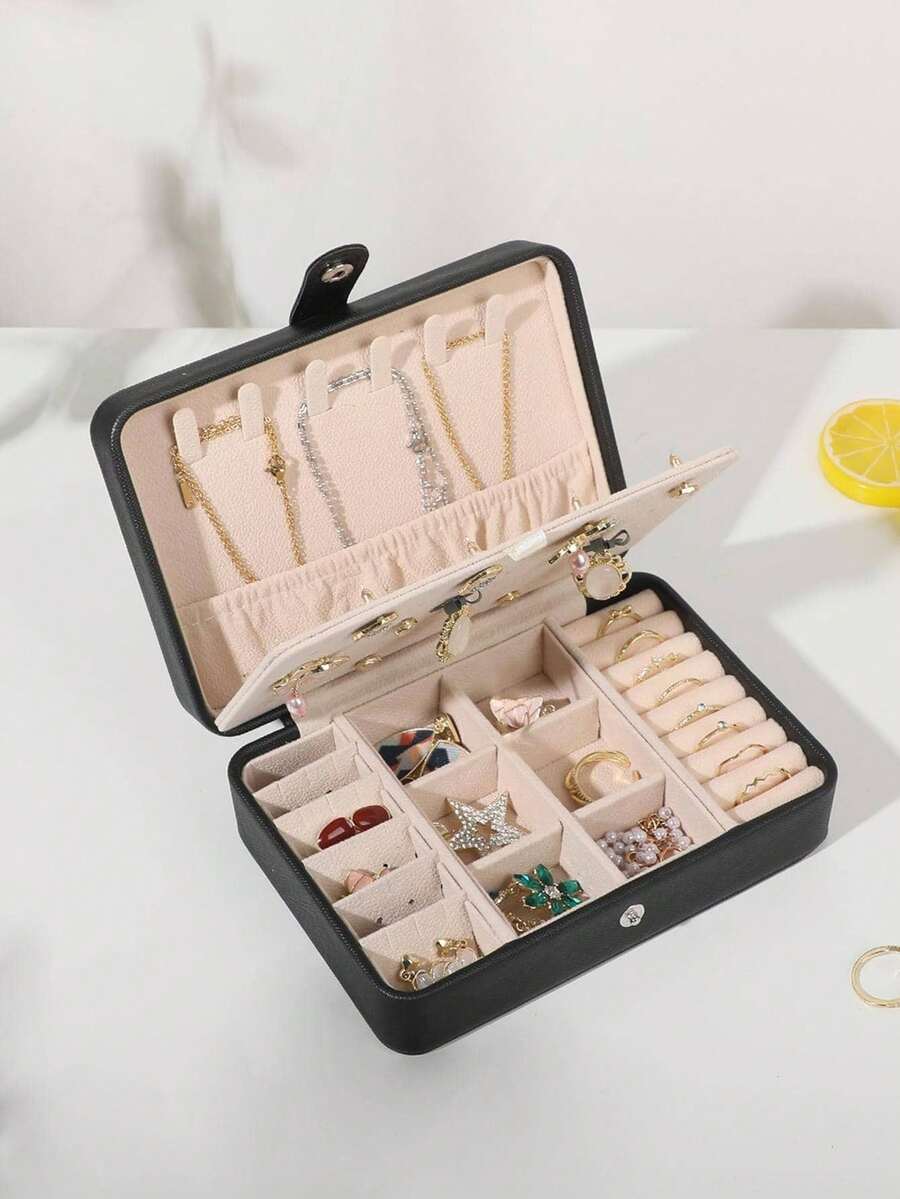 Weihnachten,Mehrschichtige Druckknopf-Schmuckbox, tragbarer Reise-Schmuckaufbewahrungs-Organizer, kompakter Halter für Halsketten, Uhren, Ohrringe, Ohrstecker, Ringe für Reisen & täglichen Gebrauch - Schwarz - Übersicht 1