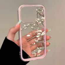 1pc Pink Frame Transparent Minimalist Lens Protection Anti-Drop Anti-Collision Half Magnolia Branch Pattern Phone Case Personalized Compatible With Iphone 16 Pro Max/17/16/15/14 Plus/13/12/11/Air And Series - Multicolor - View 2