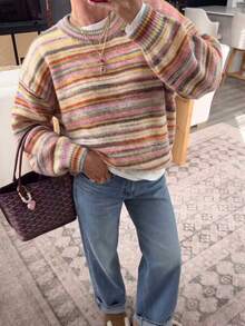 Women's Fashion Striped Colorful Crew Neck Knit Sweater - Multicolor - View 3