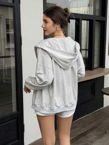 NOIRLYN Women's Casual Sweatshirt 2 Pieces Set, Solid Color Hooded Zip-Up Long Sleeve Jacket Top With High-Waisted Wide Leg Shorts Outfit, Autumn/Winter - White Flower Gray - View 9