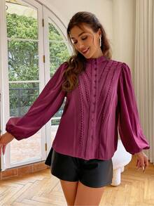 Simplee Women's Autumn Solid Color Lantern Sleeve Long Sleeve Blouse, Elegant Top, Back To School, Teacher Outfit - Red Violet - View 5