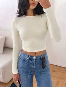 Small Size Yellow Long Sleeve Slim Fit Cropped Top, Round Neck Casual Outerwear Y2K Silky Basic Style, Spring/Autumn Inner Layer - Yellow - View 5