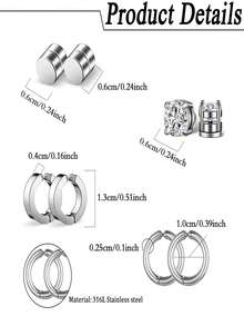4 Pairs Mixed Magnetic Ear Cuffs Set, 304 Stainless Steel Round Disc & CZ Hoop Clip On Earrings, No Piercing Unisex Punk Daily Ear Jewelry - 4 Pairs Ear Clips Set - View 2