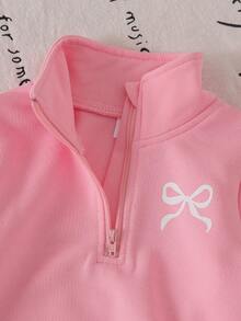 2pcs Baby Girl Spring/Autumn Casual Bow Print Pink Long Sleeve Sweatshirt & Long Pants Thin Sporty Set - Pink - View 5