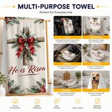 2pcs/Set Christmas Wreath Print Kitchen Towels, He Is Risen English Text, Holly Red Berry Plaid Bow Pattern Hand Towels, Oven Door Decorative Hanging Towels, Holiday Home Kitchen Decor, 4/6/8pcs Boxed - Multicolor - View 6