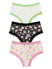 Aesletic 3 Packs Ditsy Floral Women Panties, Bow Decor Lace Trim Briefs Underwear Set - Multicolor - View 8