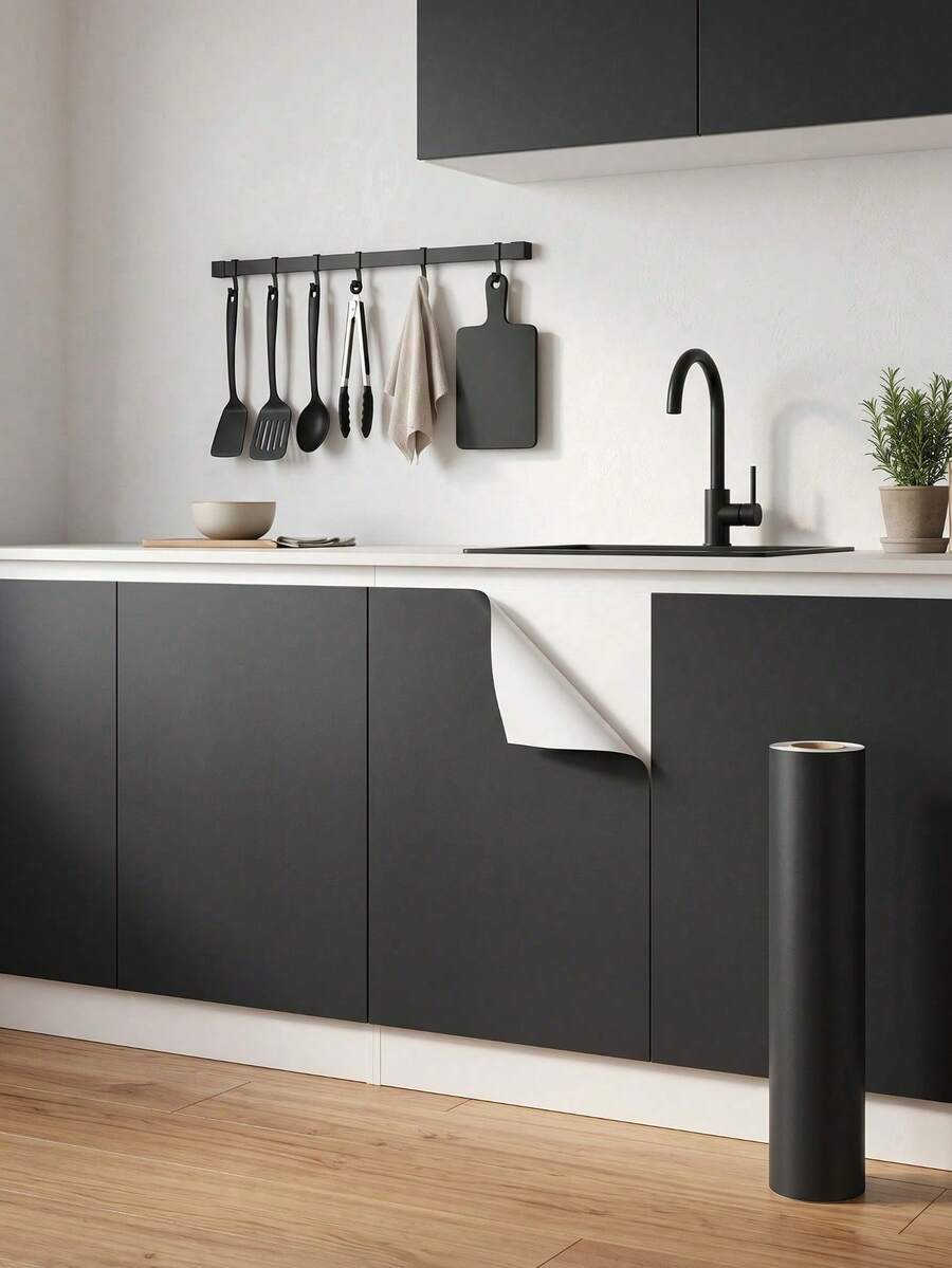 Waterproof Black Matte Vinyl Film - Peel And Stick Sticker, Suitable For Kitchen Countertops, Cabinets Renovation, Furniture