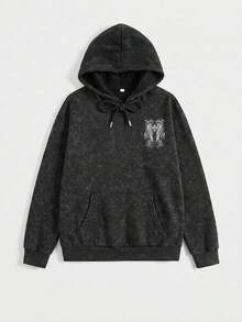 1件女款長袖連帽運動衫，附口袋，復古水洗面料，印花圖案，休閒寬鬆版型，適合秋冬 - 黑色 - 查看 5